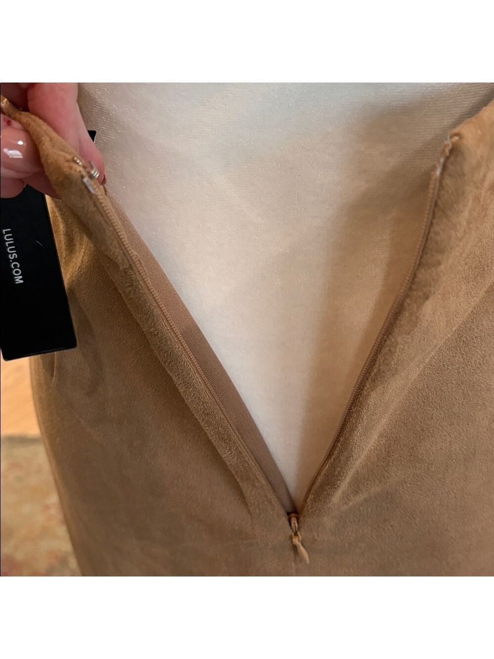 Lulus Superpower Size L faux suede pencil skirt. Camel color knee length career - Picture 5 of 11